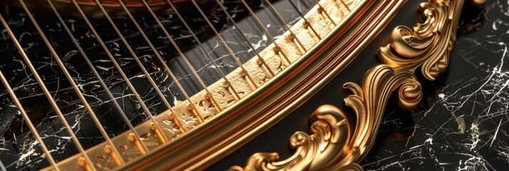 magnificent golden harp stands elegantly on a sleek black marble background, radiating a sense of...