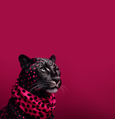 Black stylish panther in a pink scarf on a burgundy background. Muzzle of a predatory big cat with beautiful eyes.