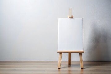 Blank Canvas On Wooden Tripod In Front Of White Wall With Copy Space.