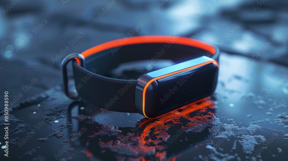 Aufkleber a close-up image of a sleek black smartwatch with an orange trim lying on a blue and black surface.