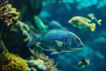 Fototapeta premium Colorful tropical fish swims gracefully among coral reef in a serene underwater habitat