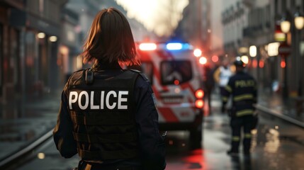 Police officer in busy city street