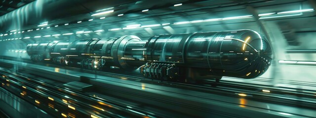 Hyperloop Freight Transport: A futuristic hyperloop system transporting freight at high speeds through vacuum tubes, representing a revolutionary advancement in logistics.