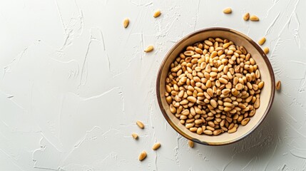 Bowl containing brown pine nuts on a white backdrop