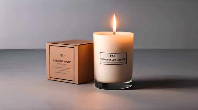 Realistic 3D vector mockup of a scented candle in a glass jar in an open packaging box, front view. The design offers an ideal template for advertising aromatherapy products