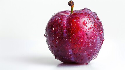   Close-up image of a red apple with droplets of water on it against a white backdrop