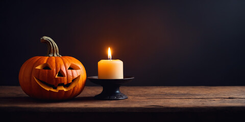 Spooky smiling pumpkin on a rustic empty wooden table with burning candles. Dark mystical background with glowing jack-o'-lantern decorations for Halloween with copy space for text or product display.