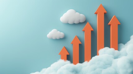 Conceptual illustration of bright orange arrows soaring upwards through fluffy clouds into a vibrant sky, symbolizing growth and progress, dynamic and uplifting