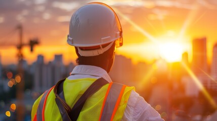 Construction engineer with safety gear observing infrastructure development, heavy machinery and materials, expansive sky, focused on progress, from behind