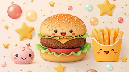 Cute animated sticker of a cheeseburger with melted cheese, lettuce, and tomato, accompanied by a side of crispy crinkle fries, both with happy faces, surrounded by animated stars and bubbles