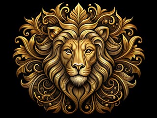 Fototapeta premium Golden Lion'S Head With Decorative Floral Elements.