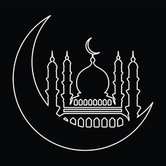 Crescent moon and mosque outline icon on black background collection, Eid night mosque silhouette symbol. Vector Illustration.
