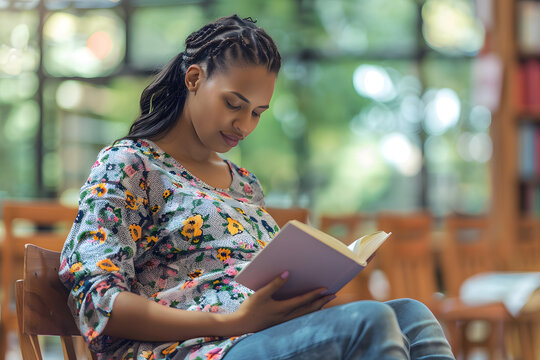 pregnant woman reading a book, pregnant student preparing for exams