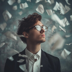 Fototapeta premium Businessman wearing glasses looking up while papers falling around him