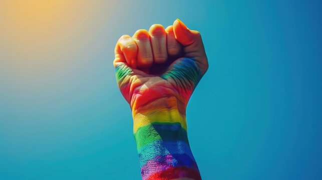 Raised rainbow fist of a woman for PRIDE month and the LGBTQIA+ movement. Pride day for sexuality freedom, love diversity celebration and the fight for human rights