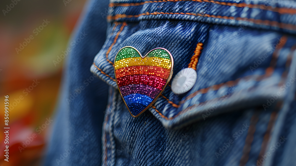 Wall mural rainbow heart shaped enamel pin resting on a blue shirt