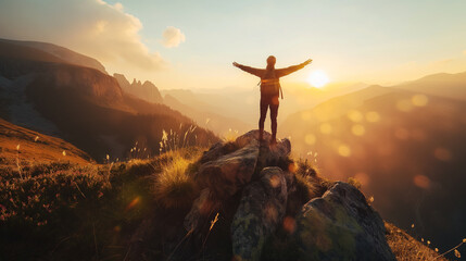 Hiker celebrating success on mountain top at sunset