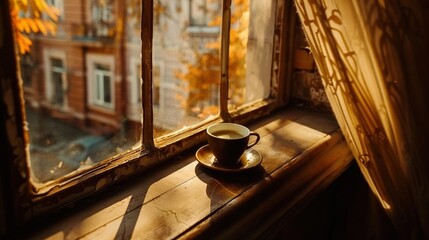   A cup of coffee rests on a windowsill, overlooking a bustling city