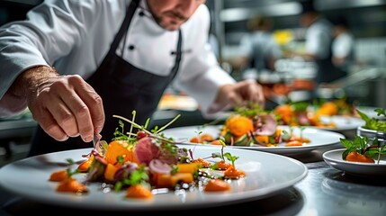 Chef Plating Exquisite Dishes with Colorful Ingredients at Luxury Restaurant