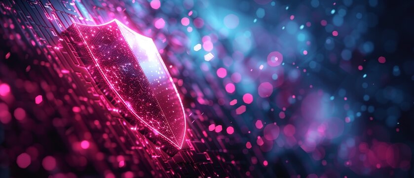 Abstract neon shield with a vibrant pink and blue bokeh background representing cybersecurity and digital protection.
