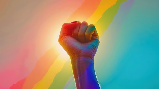 Raised rainbow fist of a woman for PRIDE month and the LGBTQIA+ movement. Pride day for sexuality freedom, love diversity celebration and the fight for human rights