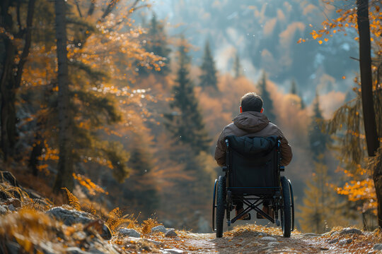 Person on a Wheelchair in the middle of the road looking at the mountains. Young disabled man with mountains on the background.He is alone and sitting on wheelchair.He is looking lonely,hopeless