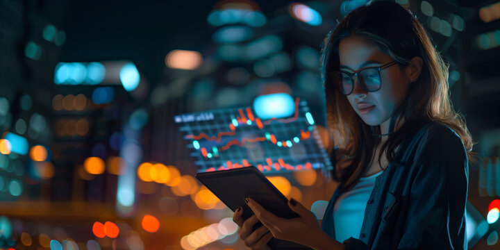 Female trader using tablet for stock market analytics