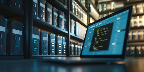 Data transfer or database management concept. Office storage shelves with laptop