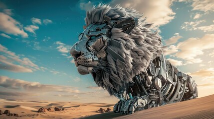 Fototapeta premium Close-up view of Cyborg lion in cyberpunk style in the desert with a scary face and desert background. Ai generated