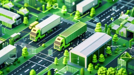 Sustainable Supply Chain: A comprehensive illustration of a sustainable supply chain with renewable energy-powered vehicles, green warehouses, and eco-friendly practices.