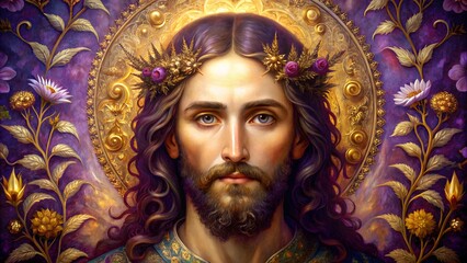 The Face Of Jesus Christ With Long Hair And A Beard, Wearing A Crown Of Thorns, Surrounded By A Golden Halo And Flowers.