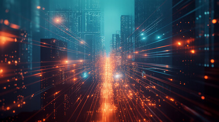 Obraz premium Abstract information flowing through digital cityscape with glowing lines