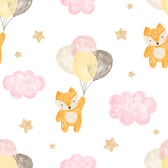 Watercolor kawaii cute fox with pink balloons in the sky with golden stars, kids seamless pattern background © CandyLama
