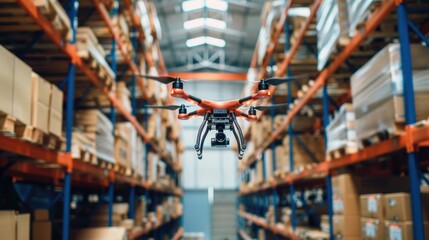 Warehouse Drone Inventory: Drones flying through a warehouse conducting inventory checks, scanning barcodes, and updating the logistics management system.