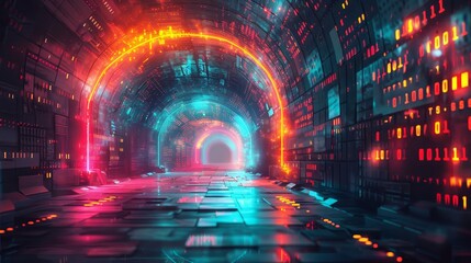 Obraz premium Futuristic neon-lit cyberpunk tunnel with glowing arches and high-tech atmosphere, perfect for sci-fi and tech-themed projects.