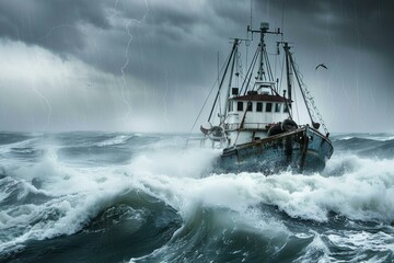 Obraz premium Dramatic scene of a fishing boat navigating tumultuous waves amidst lightning