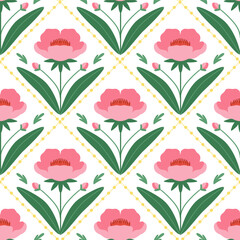 Pink meadow seamless pattern, floral damask ornament. Cute big peony, buttercup flowers wallpaper. Geometric bouquet vector illustration, summer background, fabric, textile, wallpaper, cover, print.