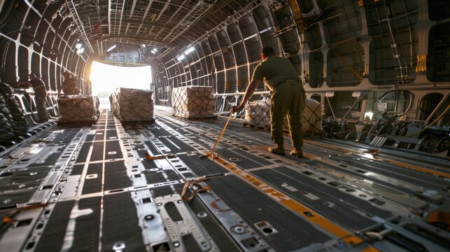 Workers loading goods into a cargo plane for international shipping.