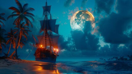 Fototapeta premium A sailing ship and a giant moon. Fantasy wallpaper.