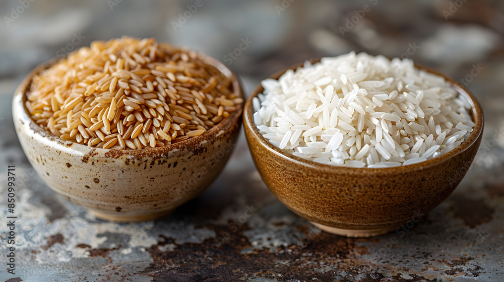 Wall mural White rice flour and brown rice in wooden bowl  - Wall murals