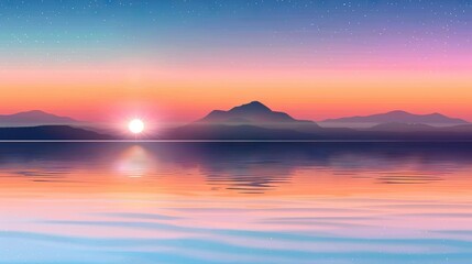   A stunning sunset painting of water with distant mountains and sunrise on horizon