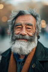 close-up portrait photo of stylish happy old man with modern haircut, big beard and well dressed.