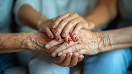 Elderly Hands Holding Each Other in a Compassionate Embrace. Generative ai.