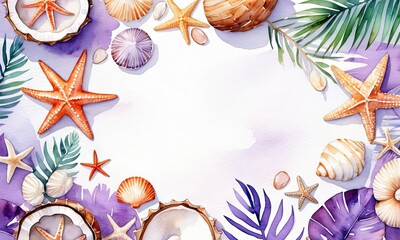 Watercolor style flatlay in violet tones with seashells, starfish, and palm tree. Evoking the feel of relaxation, vacation, holiday, and summertime.