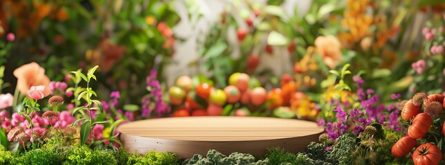 Wooden Podium with Colorful Flowers and Fruits. Background 3D podium with spring flower