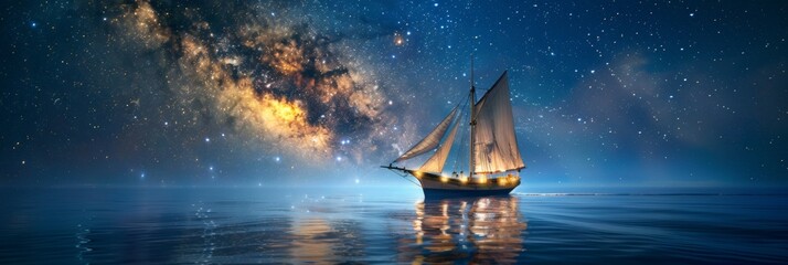 Sailing ship in sea water with night sky milky way.