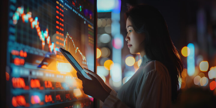 Female trader using tablet for stock market analytics - Powered by Adobe