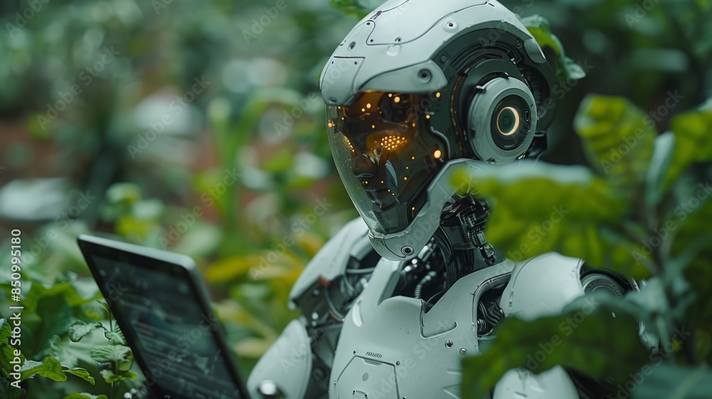 Poster a white robot with a glowing visor uses a laptop in a lush green environment.
