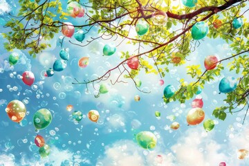 Experience the joy of a colorful water balloon canopy in this whimsical illustration, as the balloons hang from a tree branch like a vibrant chandelier.