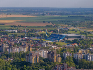 Croatia, Osijek, Eszék - Aerial view of Drava river and Tvrdja old town in city of Osijek with famous castle